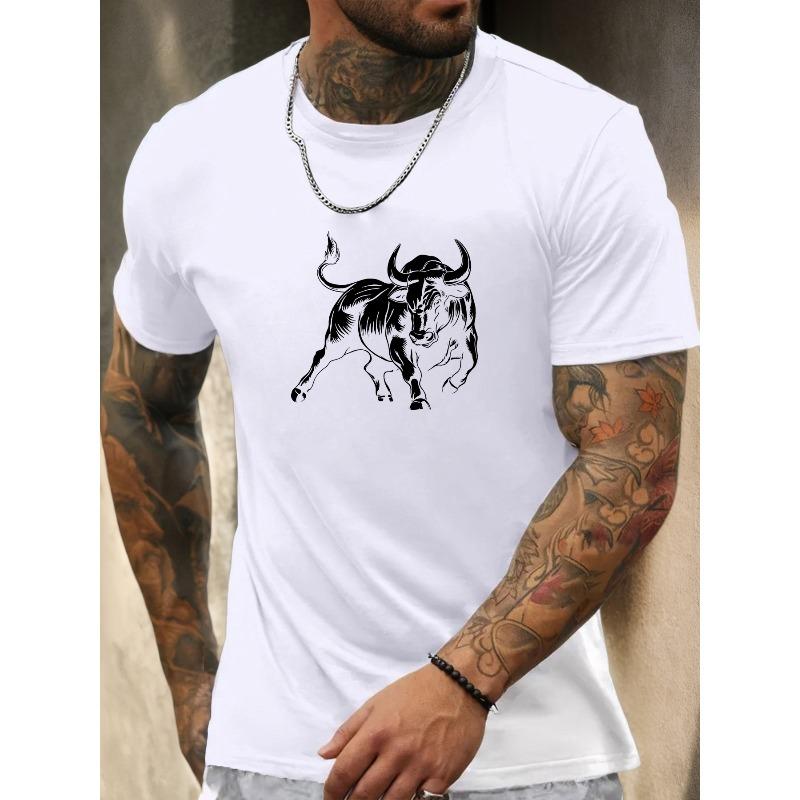 T-shirt casual estiva da uomo a maniche corte con motivo toro bianco, comoda e versatile