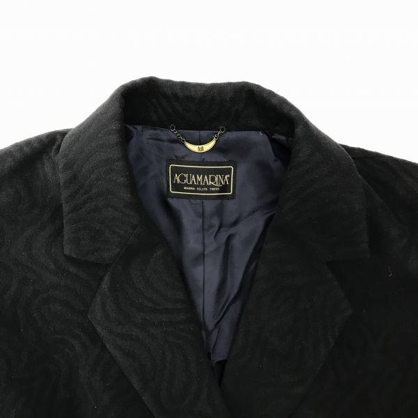 90s Aguamarina Cashmere 100% Long P Coat Outer 9AR Women M Navy Black Double Pattern Knee Length