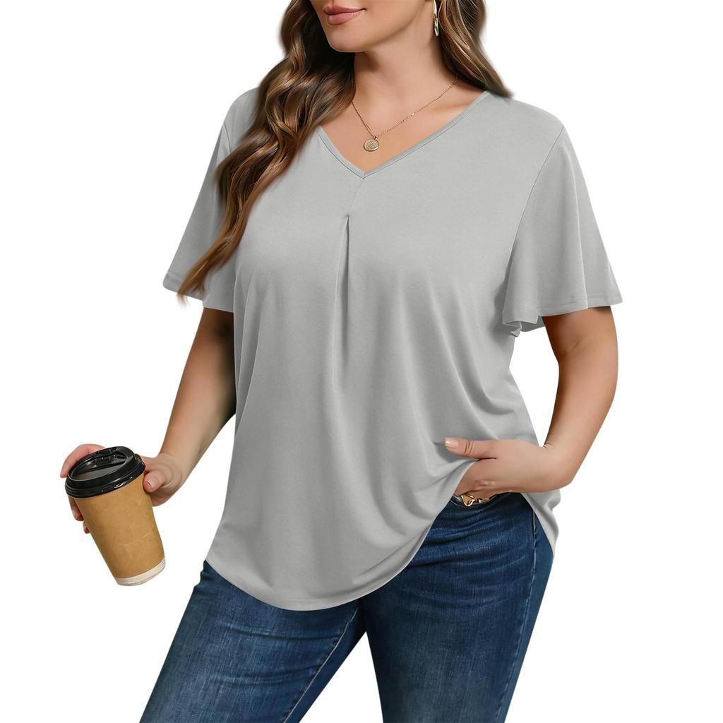 Women's Plus Size Fashionable Casual Loose-Fit Short Sleeve Elegant V Neck Blouse For Work