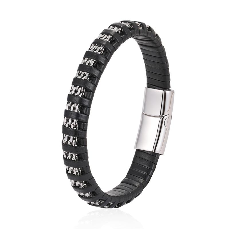 

New Fashion 8mm Chain Curb Cuban Link Charm Leather Bracelets Men Stainless Steel Magnet Clasp Hand Bracelet Homme Men s Gifts 18cm