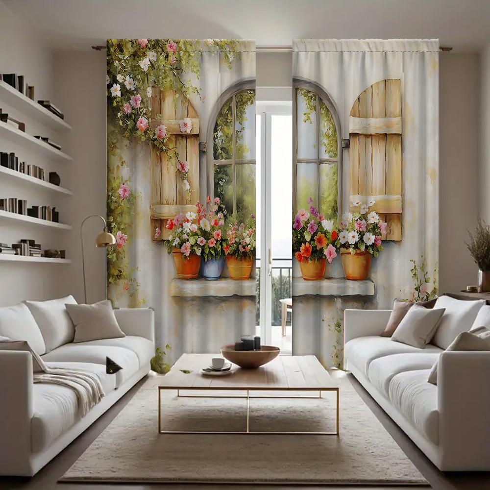 2 Stück Heim Nostalgische Landschaft Vorhänge Mit Landschaftshintergrund Und Stangentaschenvorhängen, Küche, Café, Wohnzimmer, Speck