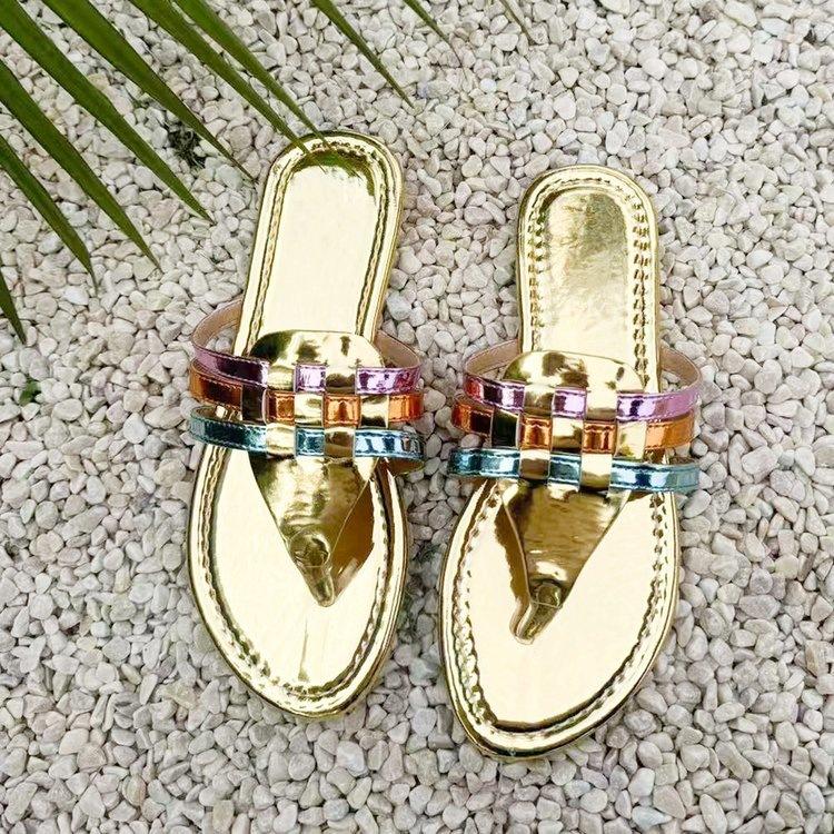 Women's Color Block Flat Slide Sandals, Square Toe Patent Leather Comfort One-Strap Slippers for Women