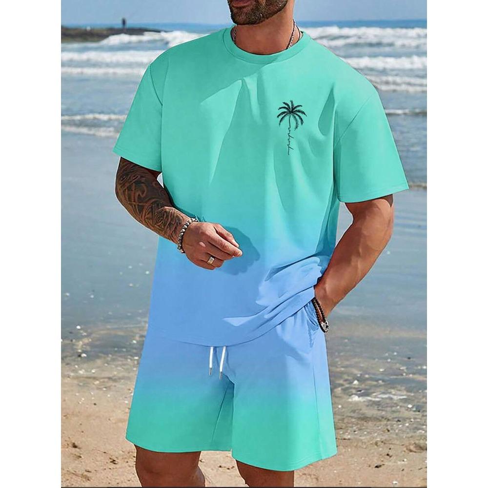 Funny Coconut Tree Gradient Print Men's T Shirt Shorts 2 Piece Outfit Hawaiian Beach Vacation Short Sleeve Sets Summer Clothing