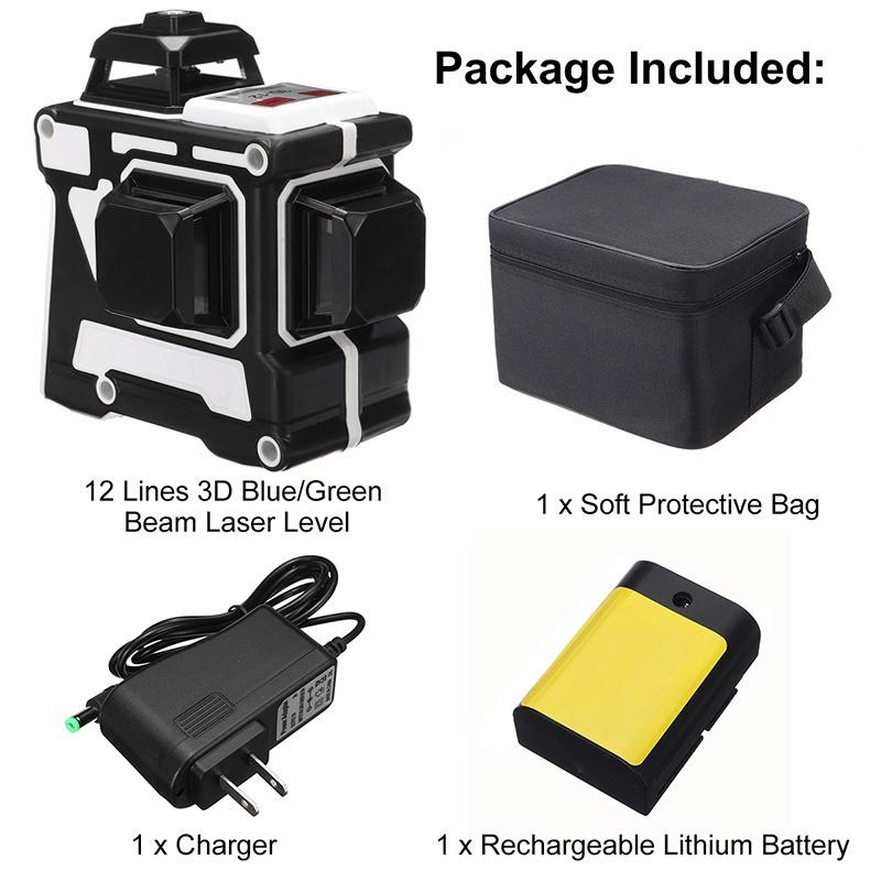 3D 12 Line Laser Level Blue Green Light 360 Degree Rotation Auto Leveling Horizontal Vertical Laser Beam with 2 Battery
