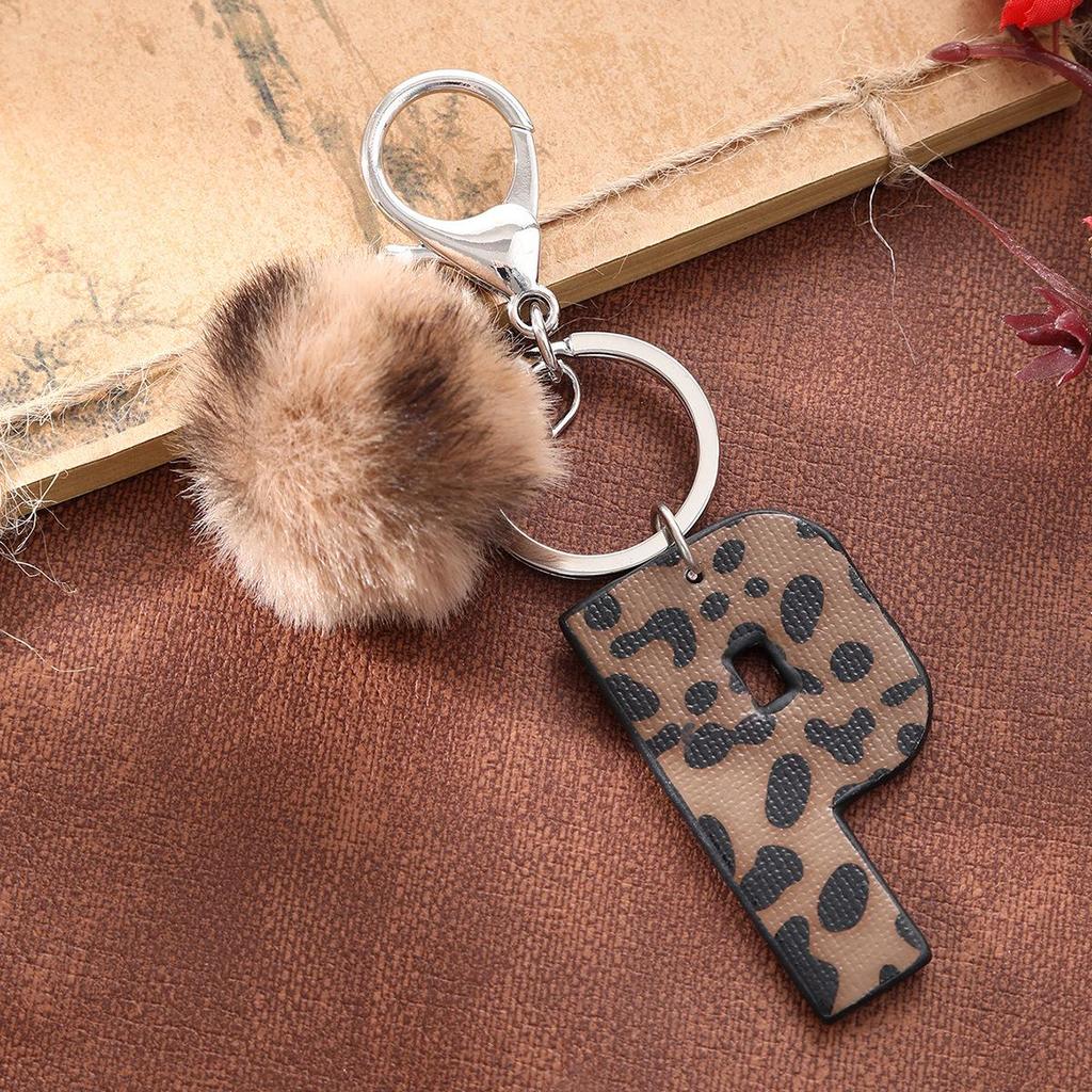 Western Cowboy Leopard Print Leather Keychain with Acrylic Letter and Plush Ball Accessories