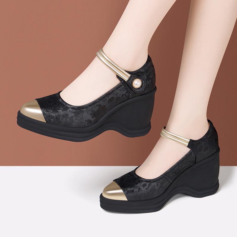 

9см Модные Национальные Туфли Мэри Джейн из Вышитой Кожи с Мелким Вырезом Весна 2025 Женские Туфли на Высоком Каблуке Платформа Танкетка Мама 37