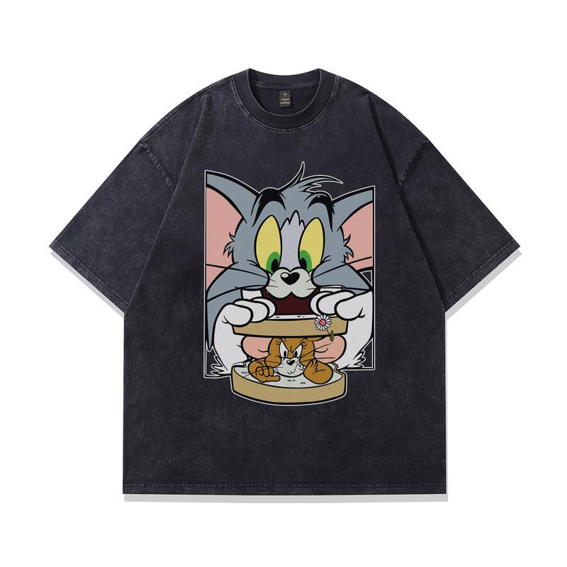 Heavy Cotton Washed Short-Sleeved T-Shirt American Retro Trendy Cartoon Printed Vintage Half-Sleeved Top