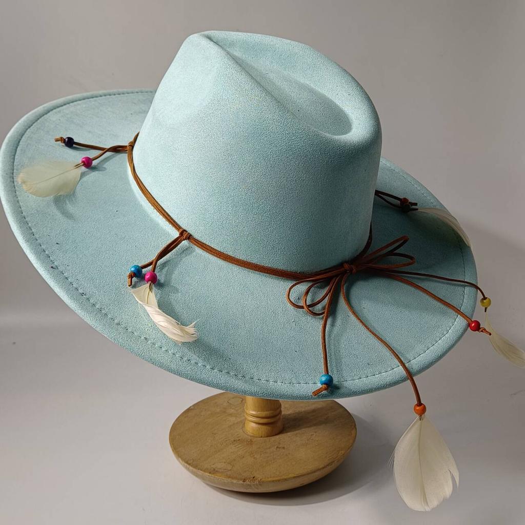 2026Bohemian style suede hat, brim 9.5 cm fedora with feather accessories, classic church hat, wide brim hat, women's hat