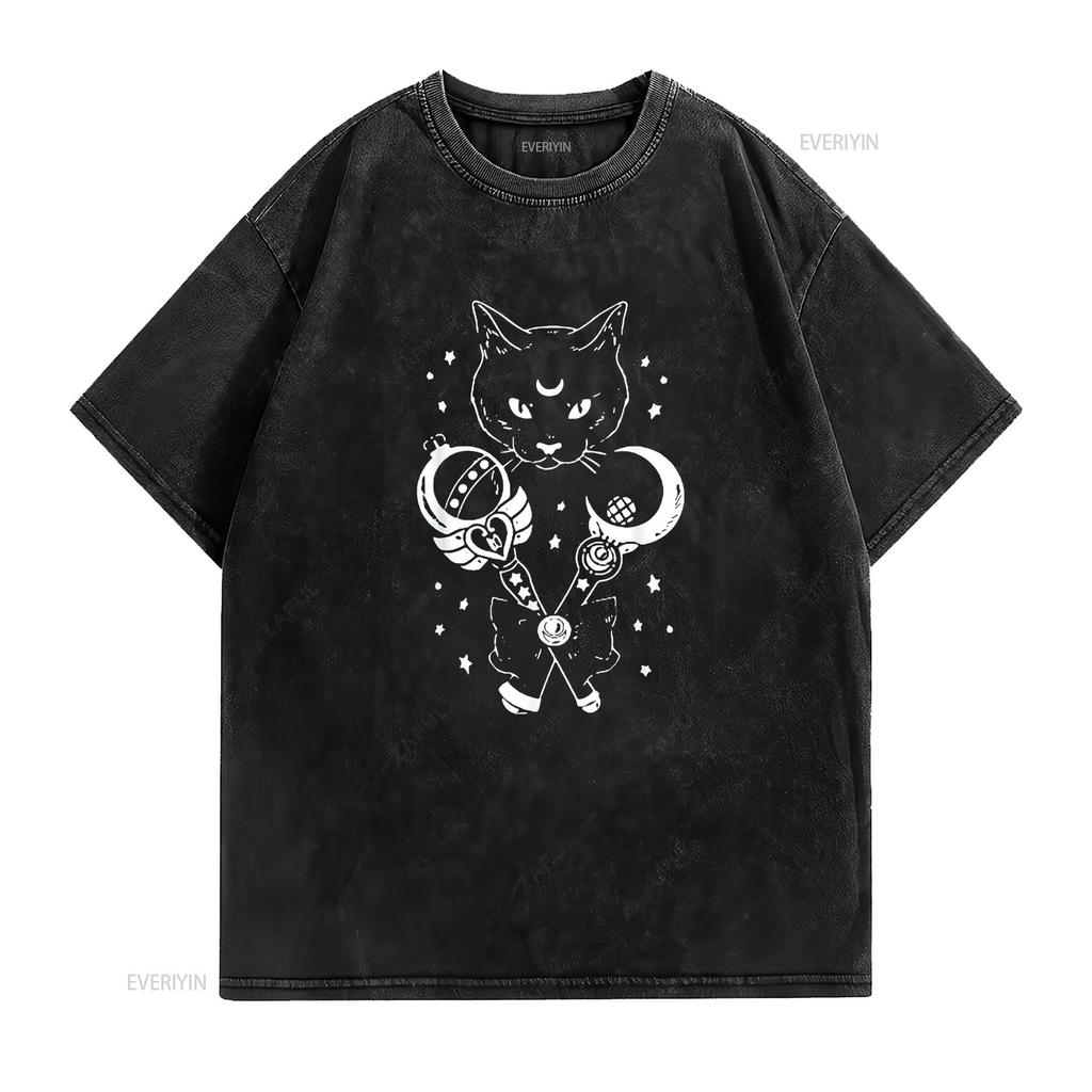 Sailor Meow Cute Moon Cat Space Magic Gothic Halloween Womens T Shirt vintage Washed graphic homme Breathable Stretched Casual