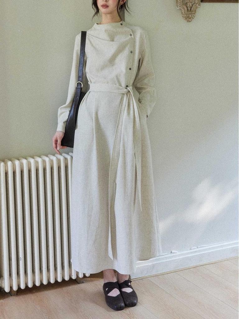 Two Sheep Twilight Linen Long Sleeve Dress: Women's Draped Waist Apricot Cotton