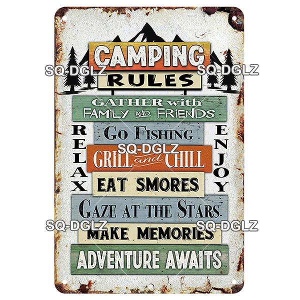 SQ-DGLZ Vintage Camping Rules Relax Metal Sign Plate Tin Sign Plate Home Bar Door Wall Decor Sticker Decoration Plaque Poster