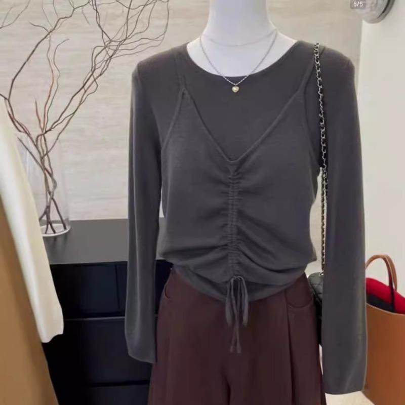 Crew Neck Fake Two-piece Knitted Sweater Women's Autumn New Design Sense Gentle Drawstring Versatile Bottoming Shirt Women