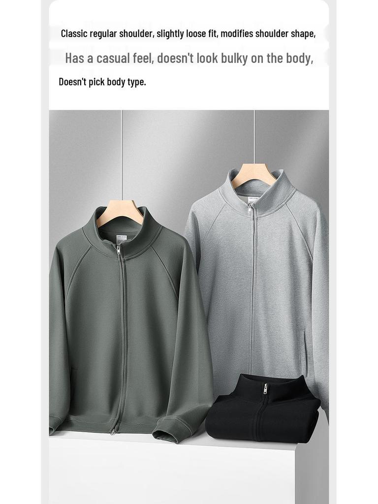Men's 420g Heavyweight Stand-up Collar Zipper Hoodie - Gray, Spring/Autumn, Loose Fit, Versatile Cardigan.