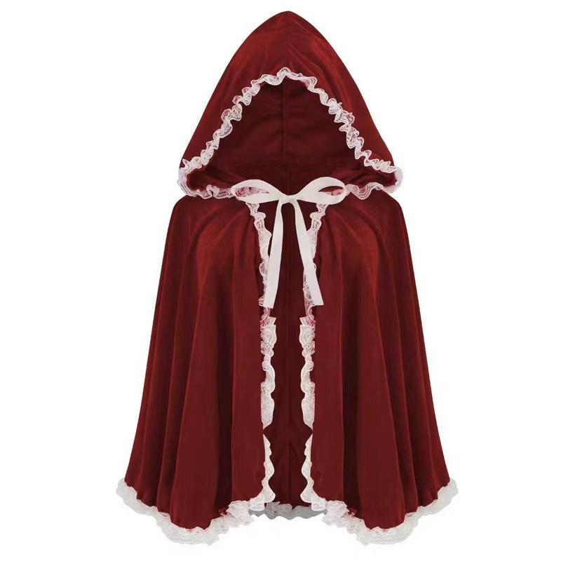 Women's Lace-Trimmed Red Hooded Cape - Halloween Costume Cloak Short Retro Trench Coat Stage Performance Wear