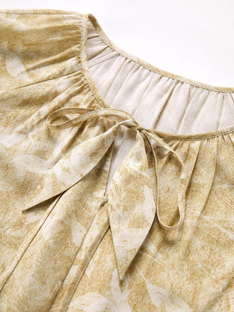 100% Mulberry Silk High-End Shirt, Spring Lantern Sleeves, Double Georgette Tie-Up Print, Women's Top