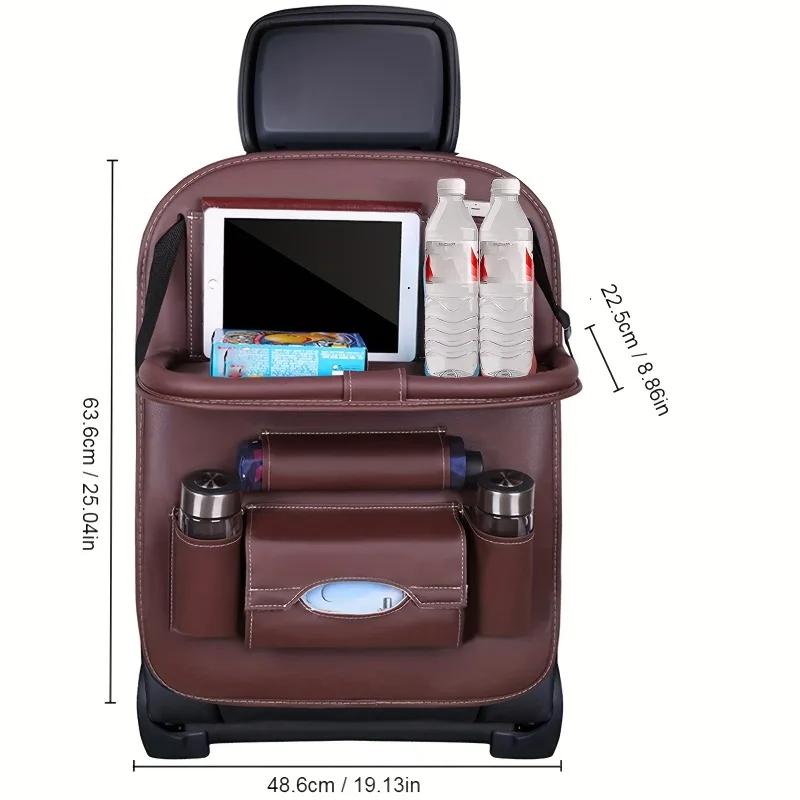 Luxury PU Leather Car Seat Storage Bag - Multifunctional Suspended Tray With Handle Ideal for Snacks Books & Toys Organizer