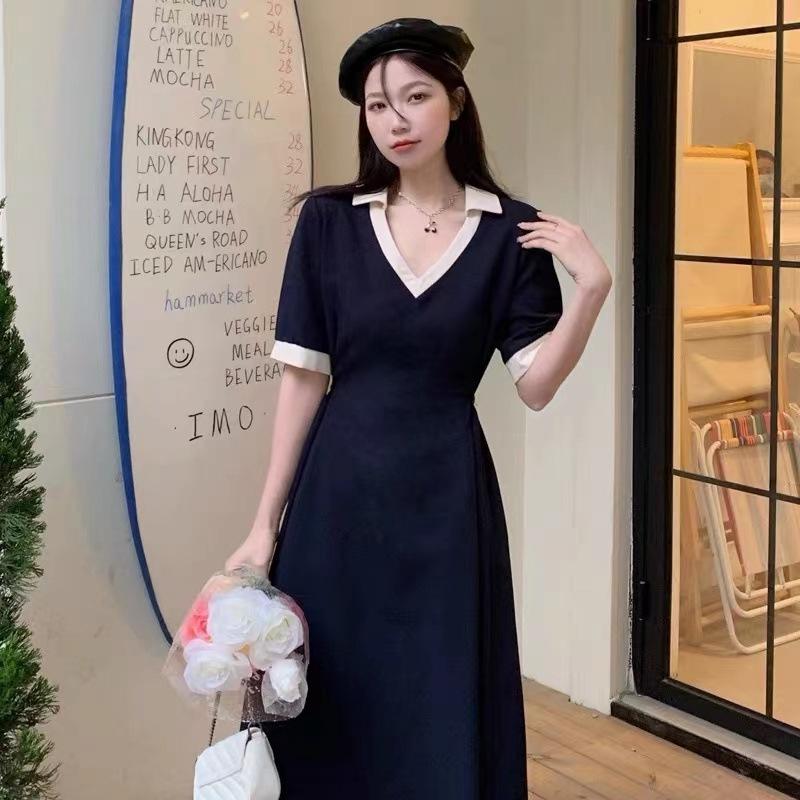 Large Size Contrasting Color Polo Dress Women's Summer 2026 New Fat Mm Belly Cover and Thin Skirt Casual T-shirt Long Dress