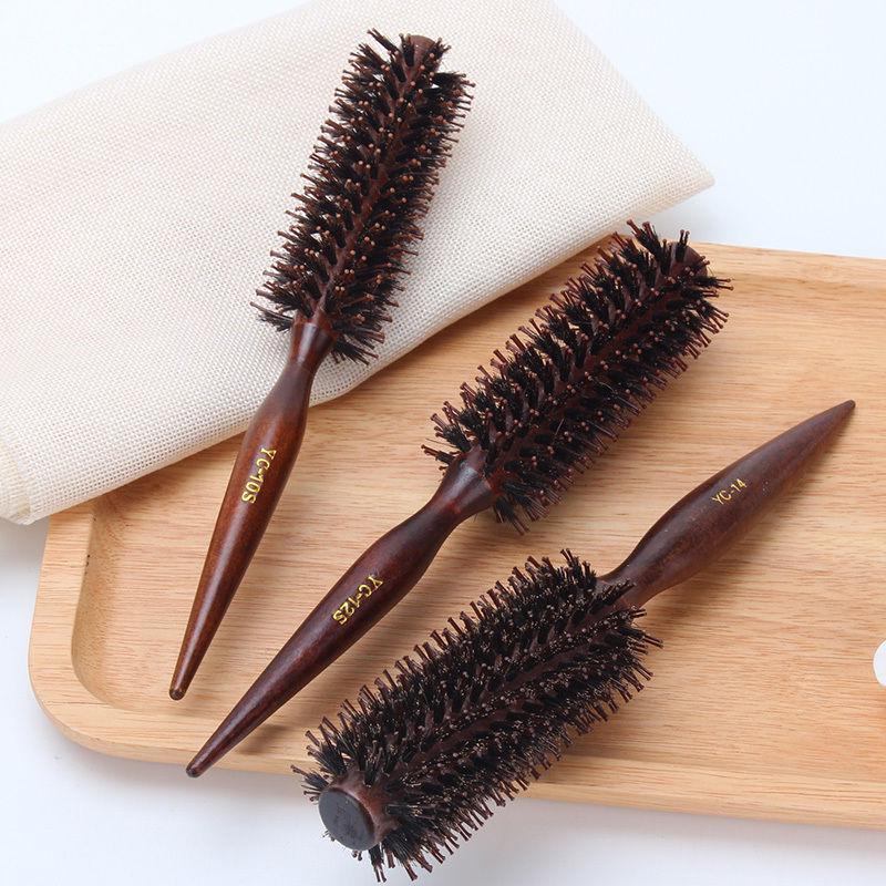 Hairdressing Pig Bristle Curling Comb: Round Barrel for Home Blow Dry & Straightening