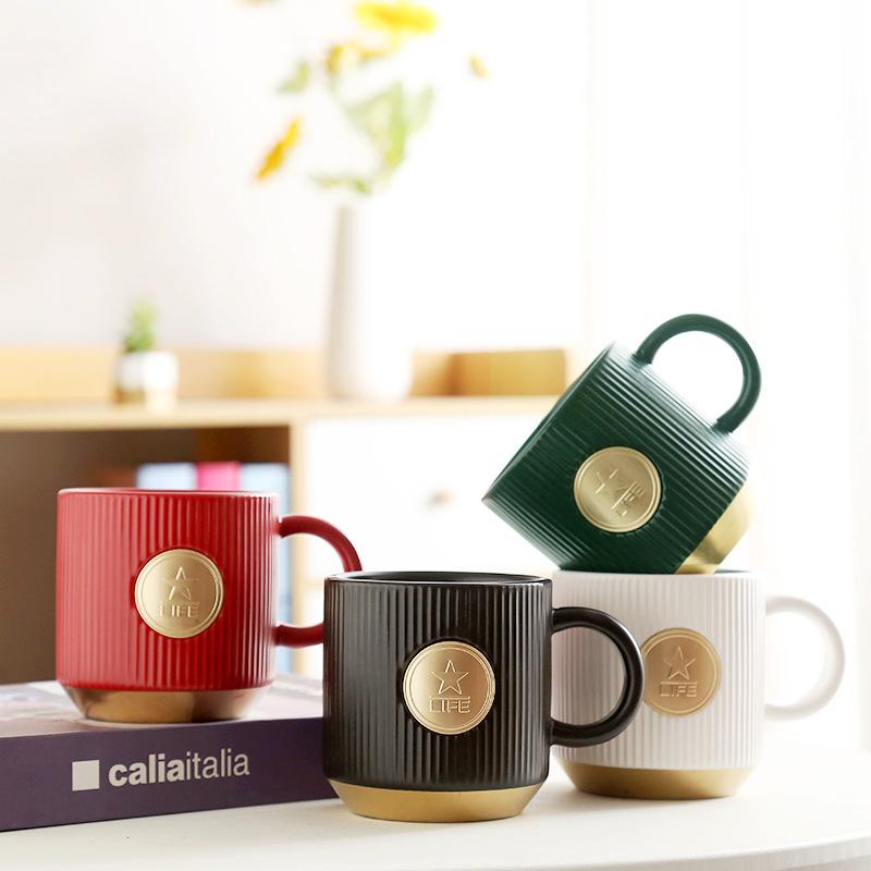 

Ceramic Coffee Cup Striped Copper Medal Cup Milk Cup Vertical Pattern Water Cup 301-400ml