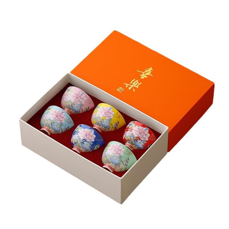Enamel Color Tea Cup Ceramic Master Cup Palace Style National Trend Retro Tea Bowl Household Kung Fu Tea Cup6Gift Box