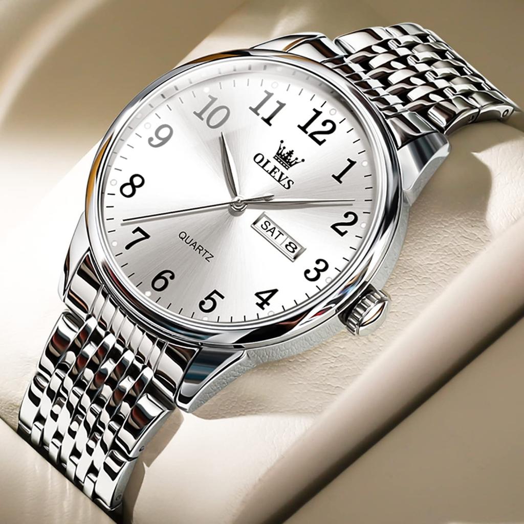 OLEVS Popular Waterproof Analog Metal Band Stainless Steel Day of the Quartz Silver Large Gift Men's Watch, Fashion, Watch, Men's Watch, Watch, Men's