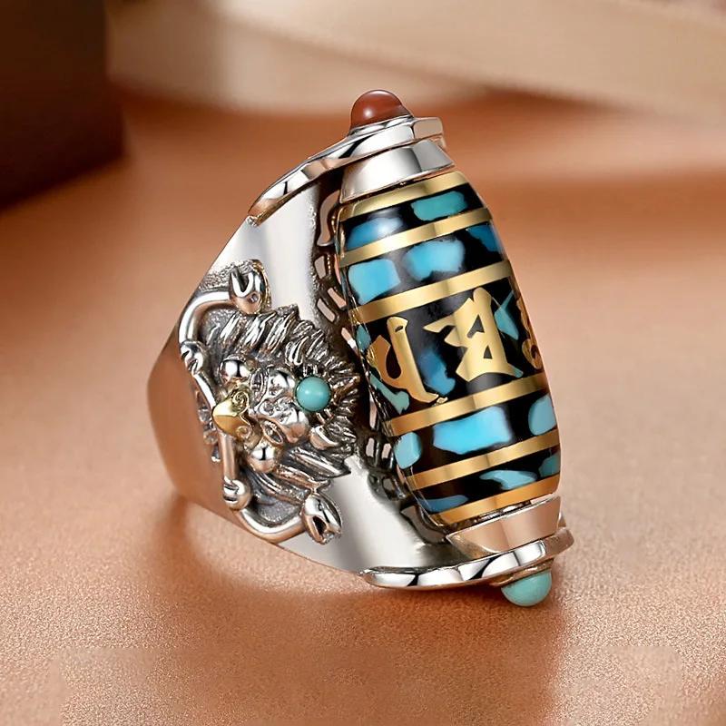 Уникальный этнический стиль Шестизначный правдивый рассказ Вращающиеся мужские кольца Тяньчжу Парные бирюзовые аксессуары Ювелирные изделия resizable