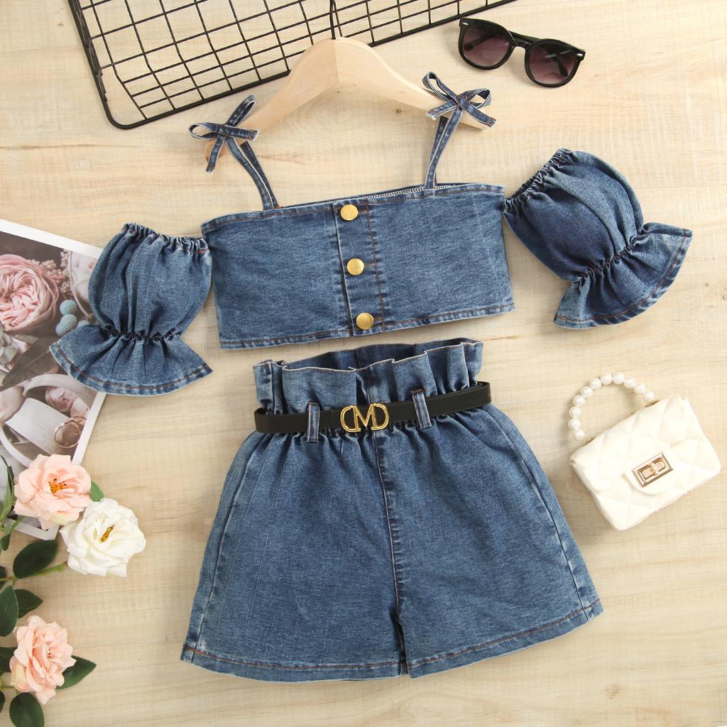 Girls' Fashion Set, Summer Children's Casual Strappy Top, High-waisted Shorts with Belt