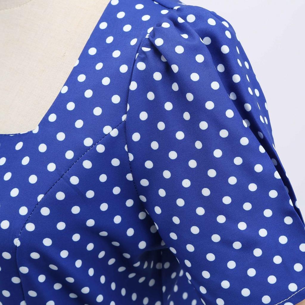 GMXIA Abito Vintage da Donna Stile Collo Quadrato Manica Corta Stampa a Pois Vita Svasata