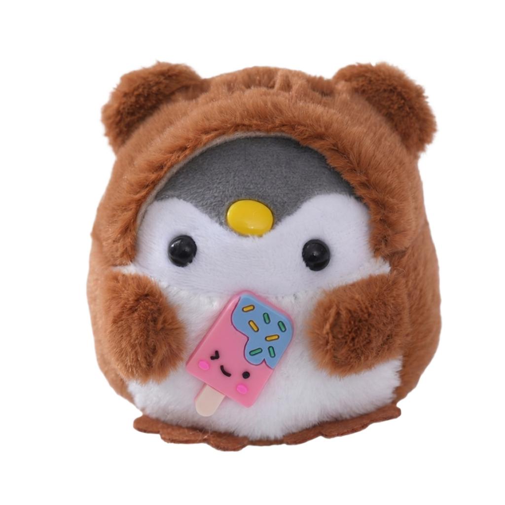 Plush Penguin Stuffed Animal Keychain Soft Toy with Ice Cream Accessory and Bear Hood Cute Design for Kids and Collectors