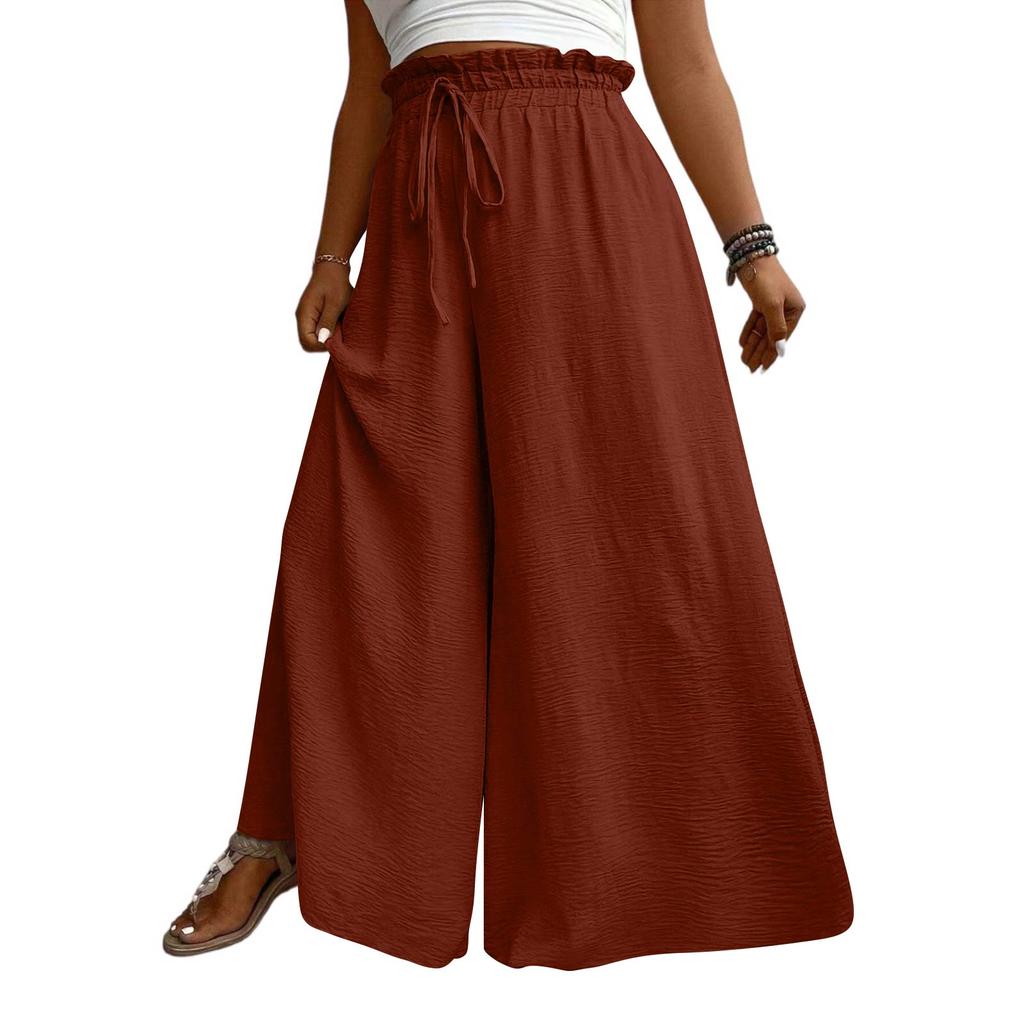 Women High Waist Wide Leg Palazzo Pants Drawstring Elastic Waist Loose Fit Flowy Long Trousers with Pockets for Casual Daily Wear