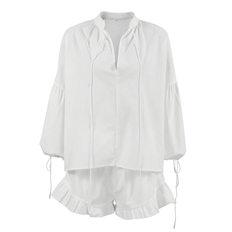 Womens Cotton Linen Blend 2-Piece Set Lantern Sleeve Top Shorts Casual Fashion 2026