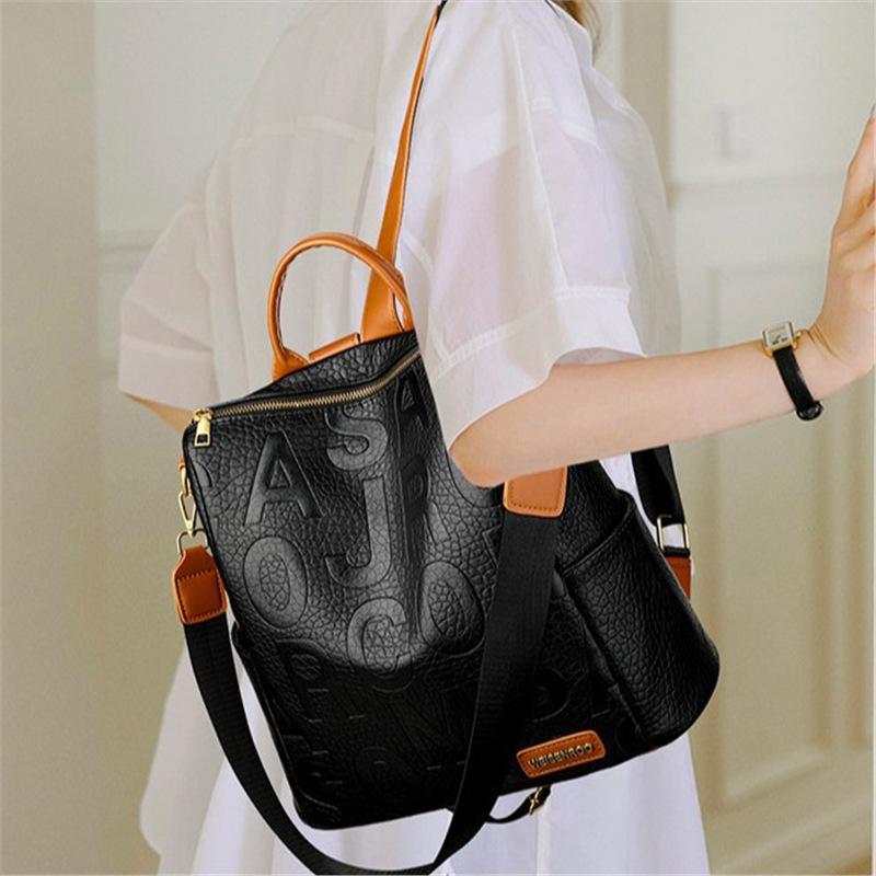 Embossed Letter Convertible Backpack For Women Color Block Casual Commuter Bag