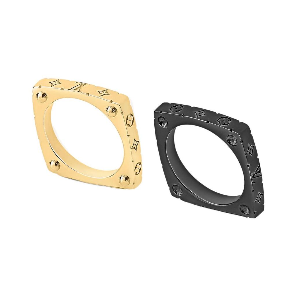 Louis Vuitton Floral Pattern Engraved Fashion Metal Ring Unisex rings Black Gold M00690