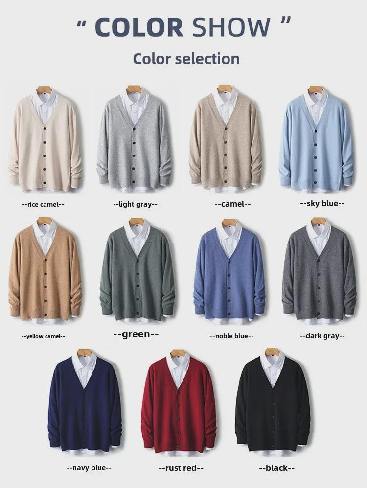 Pánský kašmírový vlněný kardigan svetr s výstřihem do V - Volný jednobarevný, Dlouhý rukáv, Ležérní univerzální (2024).
