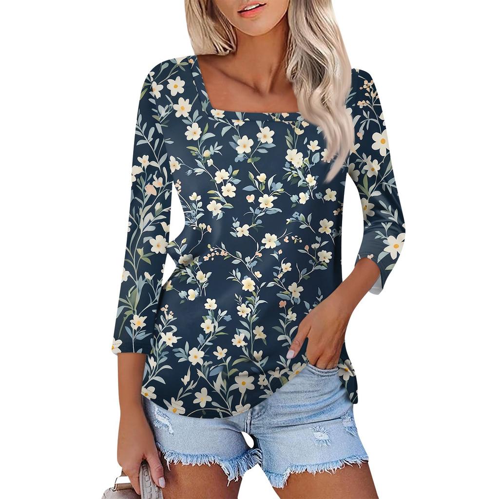 Košile pro dámskou módu Neformální dámské tričko s čtvercovým výstřihem, 3/4 rukávem, volným potištěným tričkem