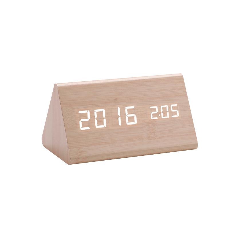 Wooden Clock Thermometer Electronic Clock Creative Wooden Student Alarm Clock Triangle Digital Clock