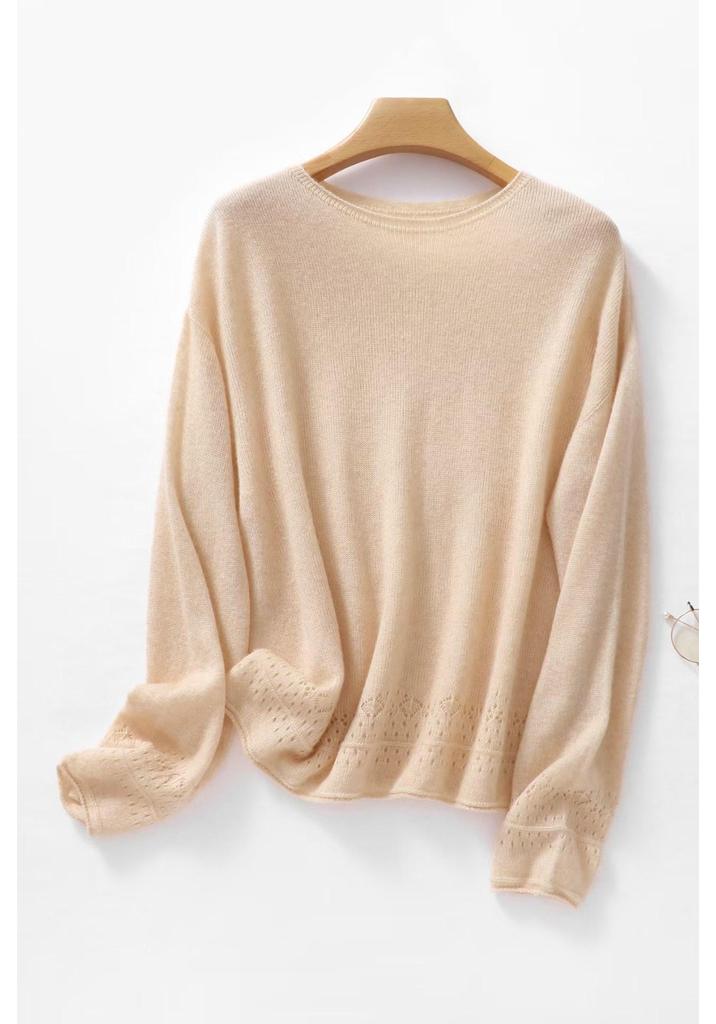 French-Style Silk Hollow Round Neck Knitwear for Women - Spring/Autumn Loose Sun Protection Shirt