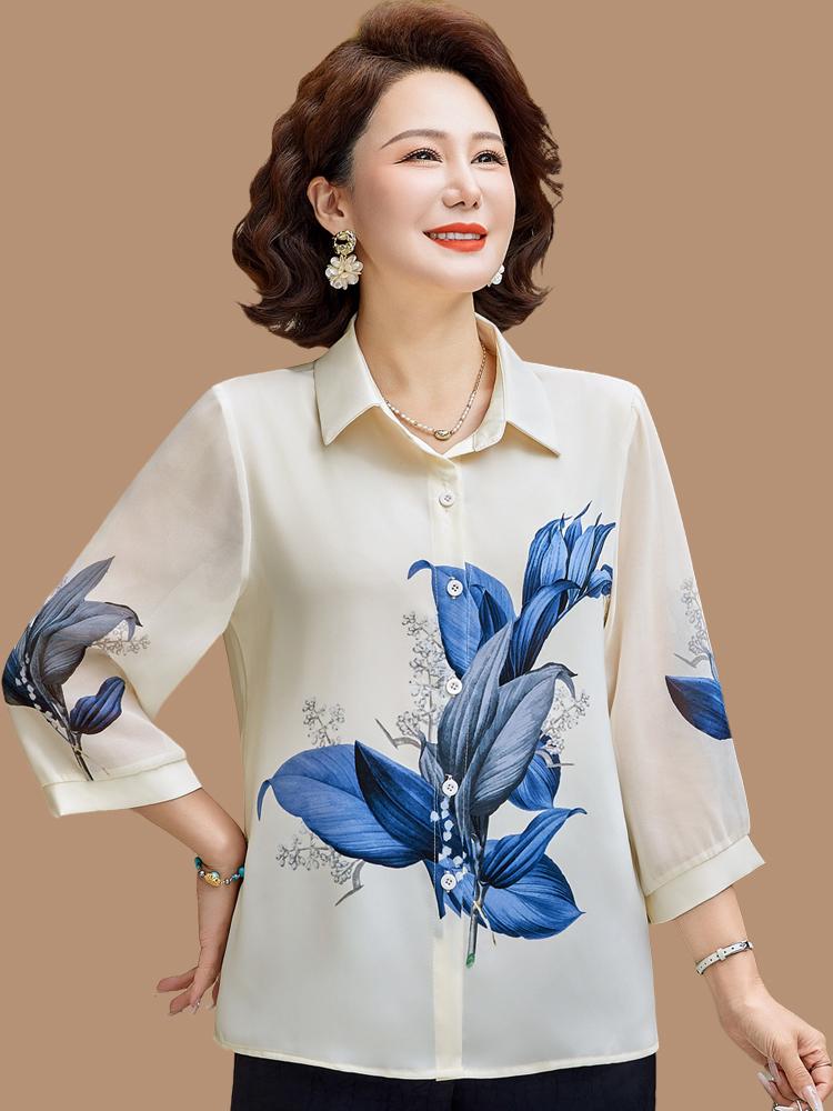 Spring Chiffon Blouse: Stylish Loose-Fit Top for Middle-Aged and Elderly Women