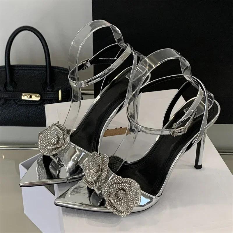 Fashion Sexy Gold Crystal Flower Heeled Sandals Women Fashion Pointed Toe Ankle Buckle Heels Summer Elegant Party Shoes Zapatos De Mujer