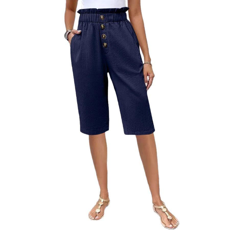 New Solid Color Cotton And Linen Pocket Button Women'S Casual Pants Shorts