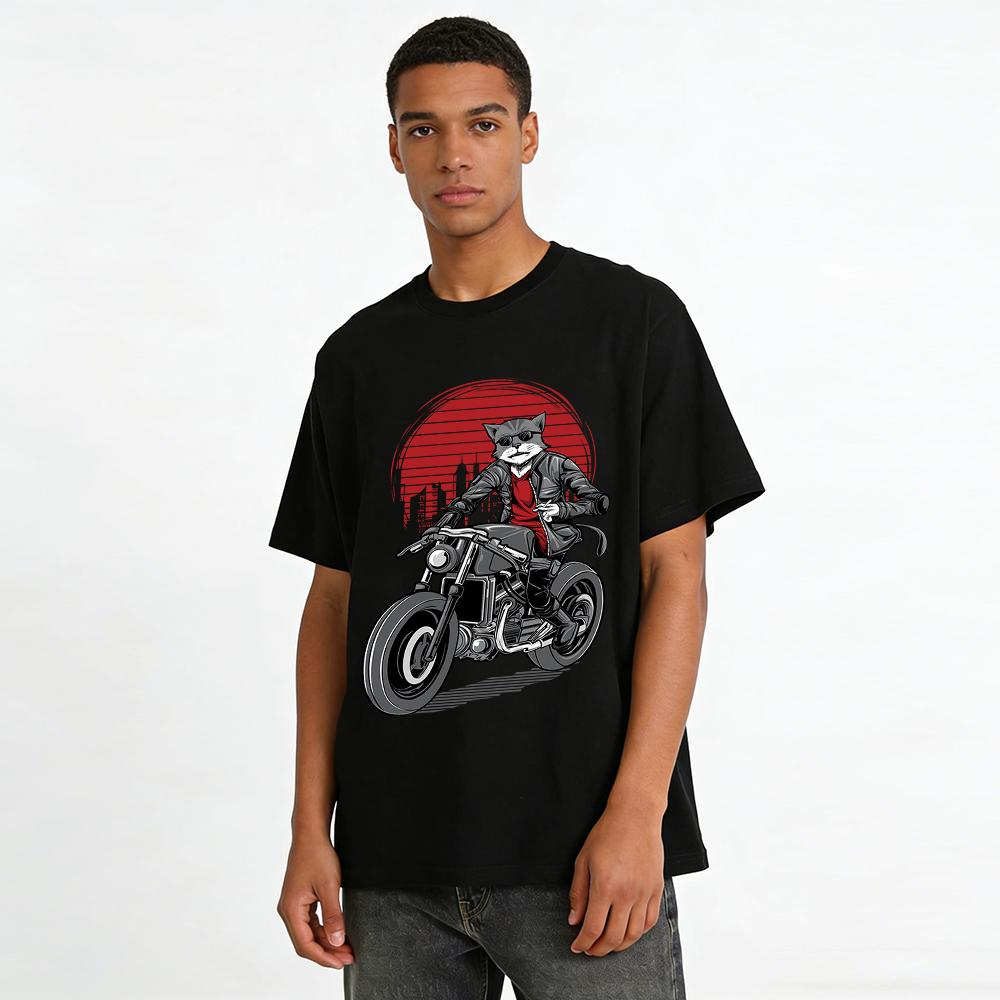 Vintage Street Style Cool Biker Cat Graphic Print Casual Tee Pure Cotton T-shirt