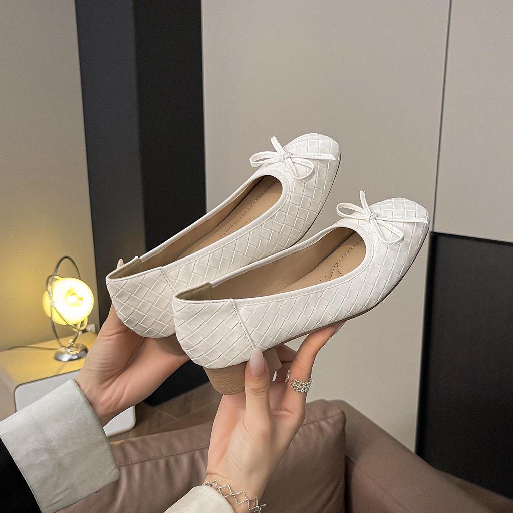 Women's Woven Bowknot Low Heels - Comfortable Square Toe Flats for Spring/Autumn