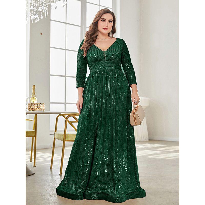 Cross-Border Amazon New Evening Dress Plus Size Sequined Long-Sleeved V-Neck Elegant Long Dress for Parties and Banquets