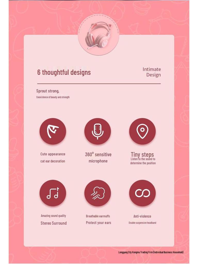 Pink Cat Ear Over-Ear Wired Headphones for Gaming and Esports - Cute Girly Design with Heart Accent.