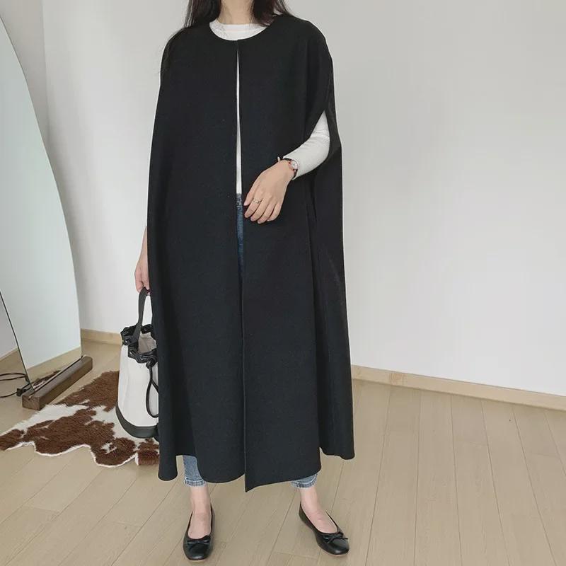 2023 Herbst/Winter Koreanisch-Japanische Lockere Wollcape-Weste – Einfarbig, Mittellang