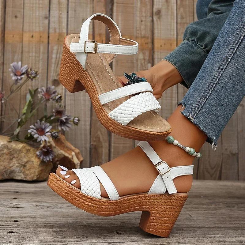Fashion Women Sandals White Chunky Heeled Sandals Women Summer 2025 Braid Band Gladiator Sandals Woman Ankle Strap Casual Platform Shoes