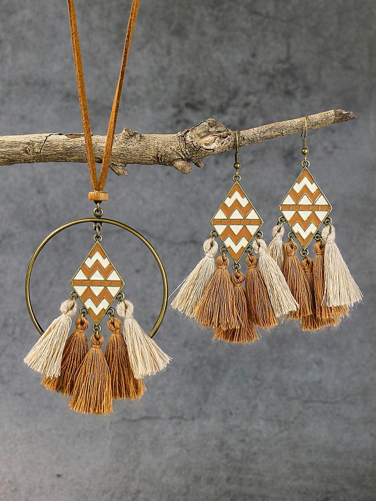 Bohemian style ethnic characteristic hollowed out carved pendant with tassel earrings necklace set combination