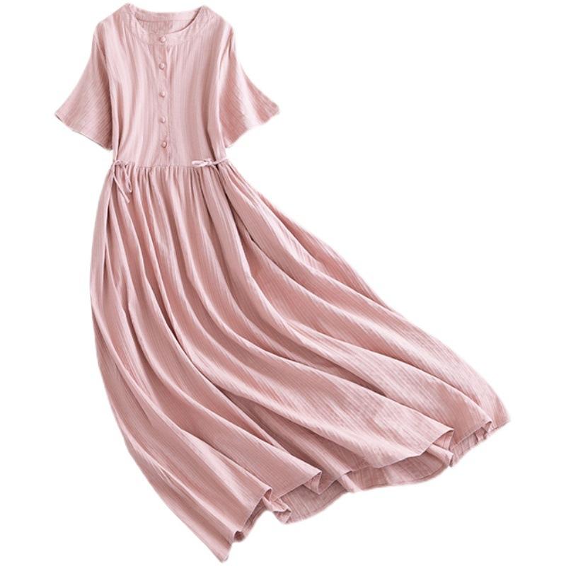 Women Casual Dresses Summer Vintage Style Solid Color Loose Cotton Long Dress