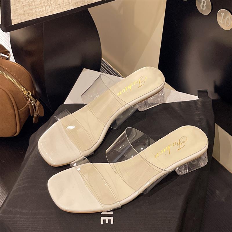 

Silver sandals women s summer 2025 this year s new square head fashion crystal transparent high heels women s cool slippers outside 35