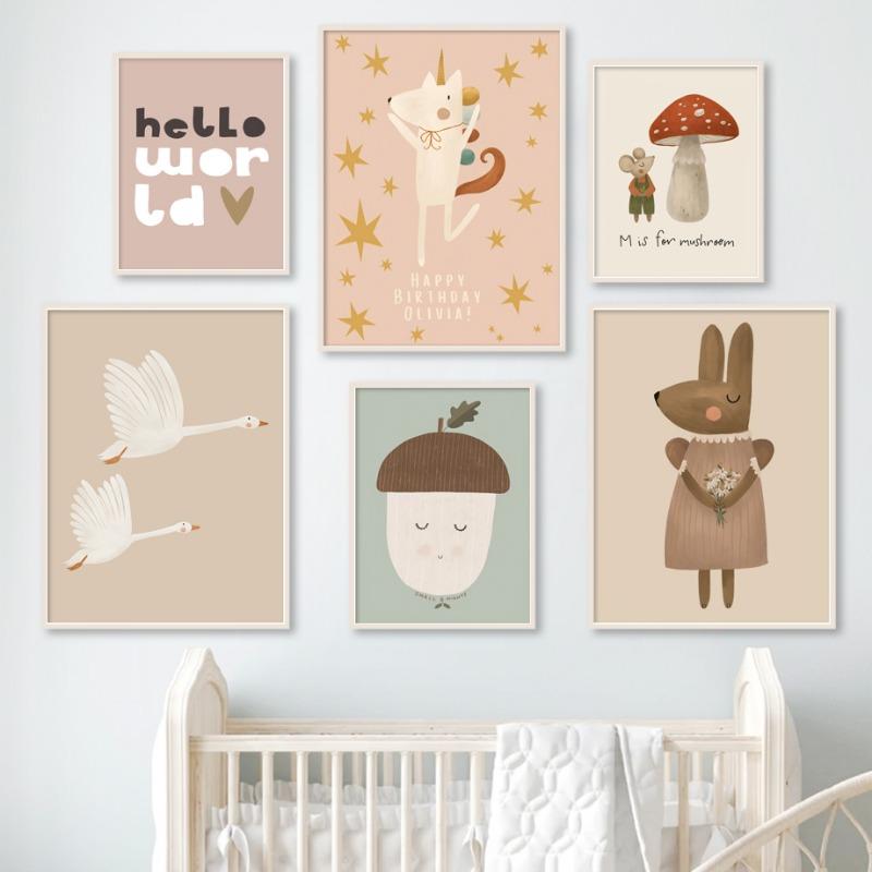 Nordic Retro Poster And Prints Wall Pictures Baby Kids Room Decor Cartoon Rabbit Fox Mouse Goose Duck Wall Art Canvas Painting